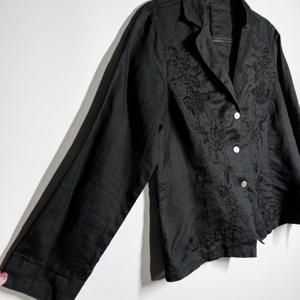 Champsely Couture Black 100% Linen Embroidered Jacket Womens M Floral - Picture 5 of 9